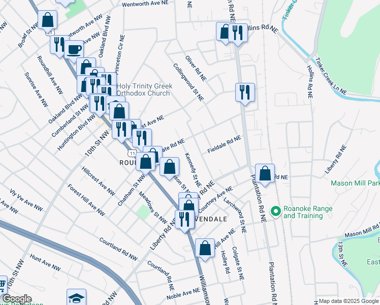 map of restaurants, bars, coffee shops, grocery stores, and more near 2813 Kennedy Street Northeast in Roanoke