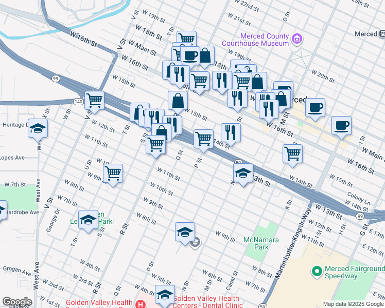 map of restaurants, bars, coffee shops, grocery stores, and more near 924 W Street in Merced