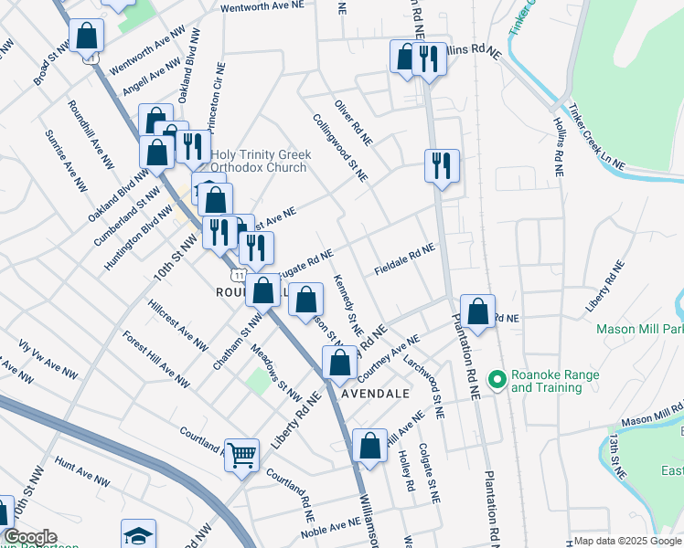 map of restaurants, bars, coffee shops, grocery stores, and more near 2813 Kennedy Street Northeast in Roanoke