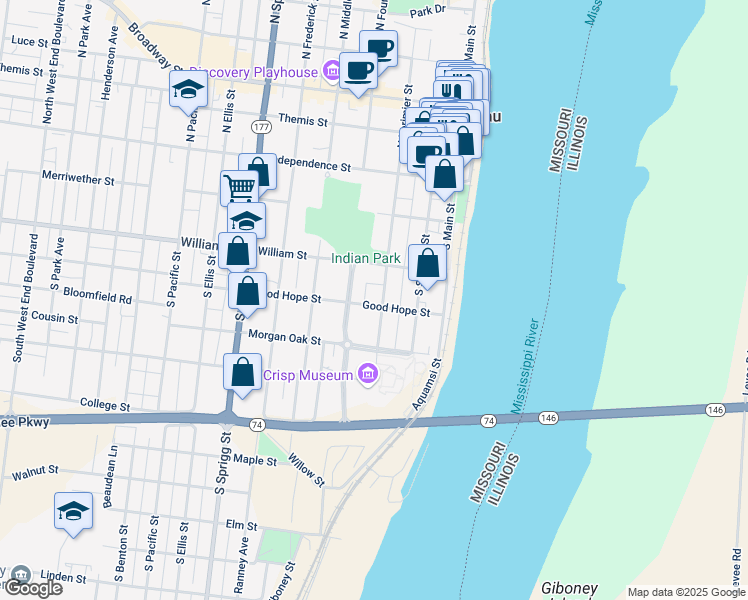 map of restaurants, bars, coffee shops, grocery stores, and more near 300 Good Hope Street in Cape Girardeau