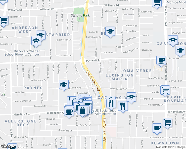 map of restaurants, bars, coffee shops, grocery stores, and more near 1369 Phelps Avenue in San Jose