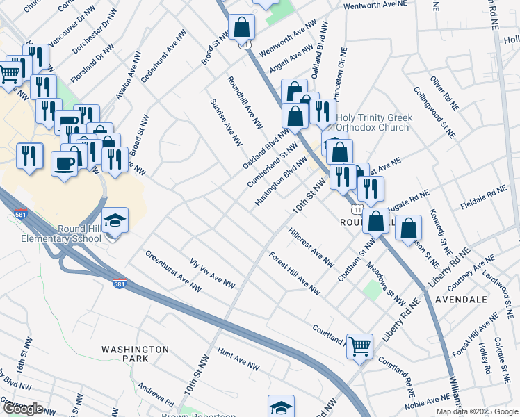 map of restaurants, bars, coffee shops, grocery stores, and more near 2613 Huntington Boulevard Northwest in Roanoke