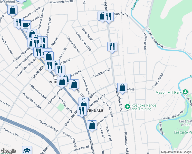 map of restaurants, bars, coffee shops, grocery stores, and more near 319 Fieldale Road Northeast in Roanoke