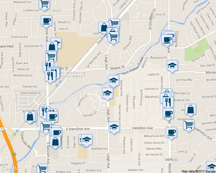 map of restaurants, bars, coffee shops, grocery stores, and more near 1327 Greenwich Court in San Jose