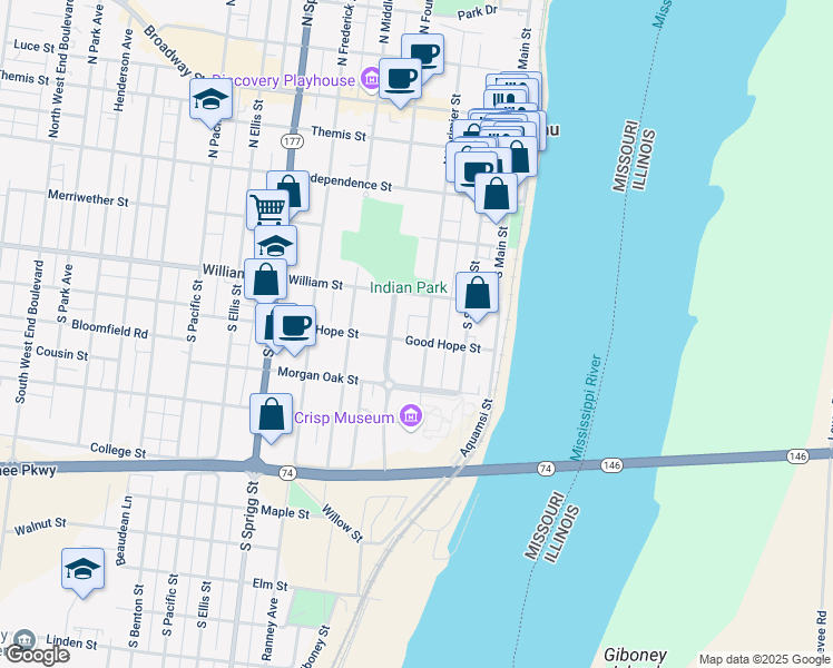 map of restaurants, bars, coffee shops, grocery stores, and more near 300 Good Hope Street in Cape Girardeau