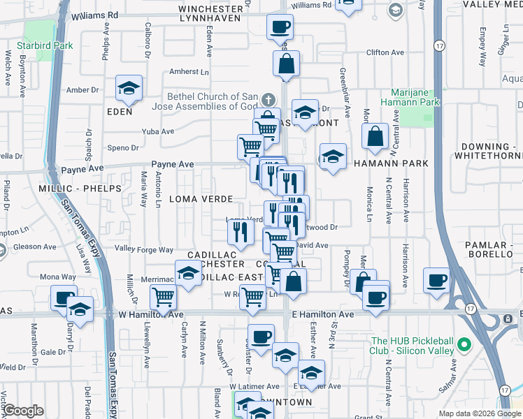 map of restaurants, bars, coffee shops, grocery stores, and more near 3133 Loma Verde Drive in San Jose