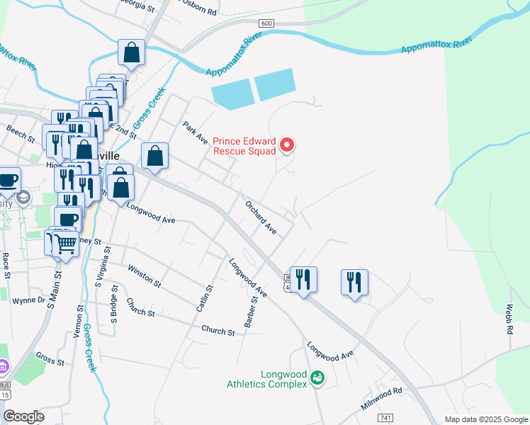 map of restaurants, bars, coffee shops, grocery stores, and more near 709 East 2nd Street in Farmville