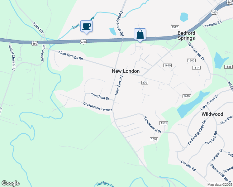 map of restaurants, bars, coffee shops, grocery stores, and more near 2711 Town Fork Road in Evington