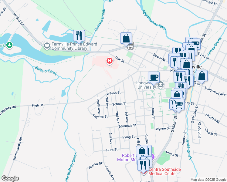 map of restaurants, bars, coffee shops, grocery stores, and more near 207 2nd Avenue in Farmville