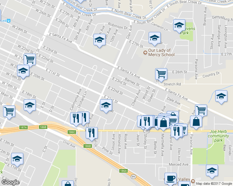 map of restaurants, bars, coffee shops, grocery stores, and more near 906 East 22nd Street in Merced