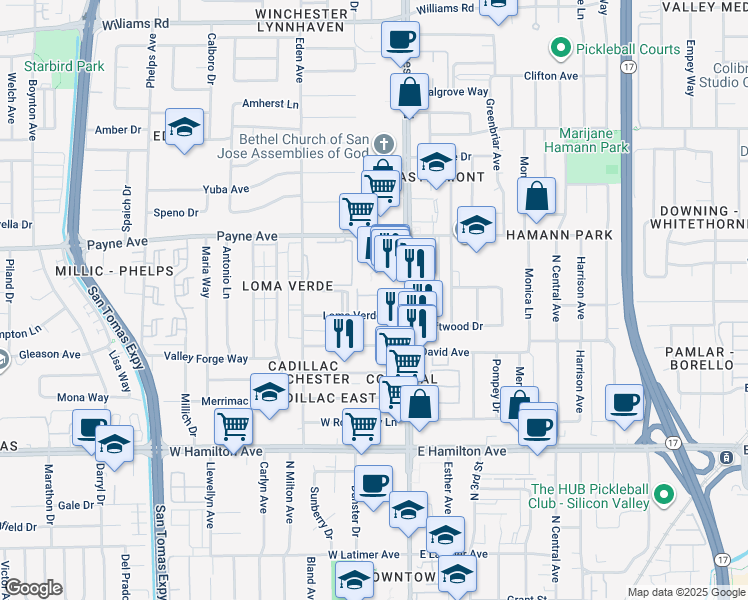 map of restaurants, bars, coffee shops, grocery stores, and more near 3139 Loma Verde Drive in San Jose