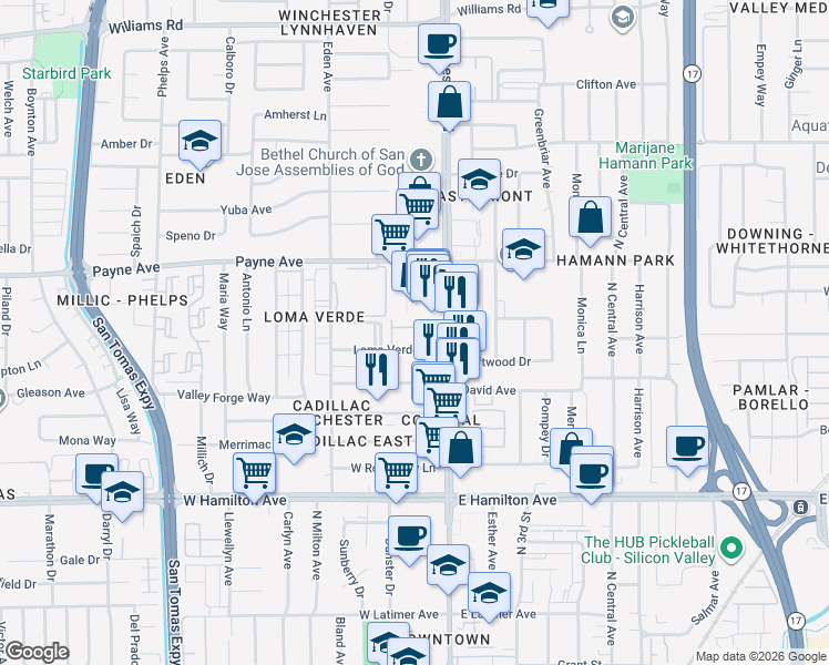 map of restaurants, bars, coffee shops, grocery stores, and more near 3133 Loma Verde Drive in San Jose