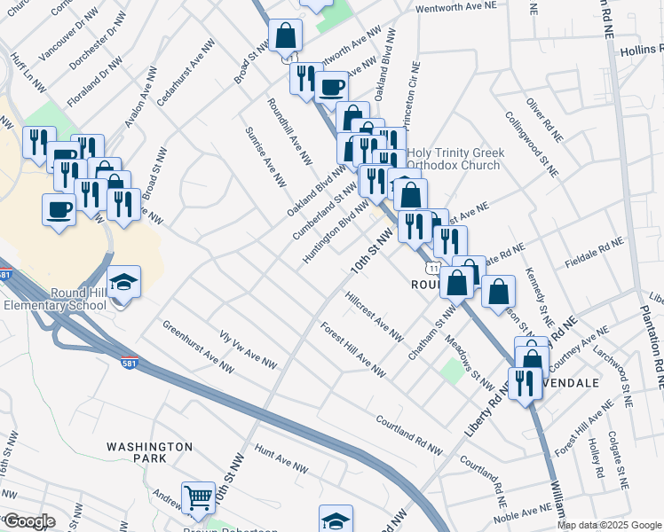 map of restaurants, bars, coffee shops, grocery stores, and more near 2708 10th Street Northwest in Roanoke