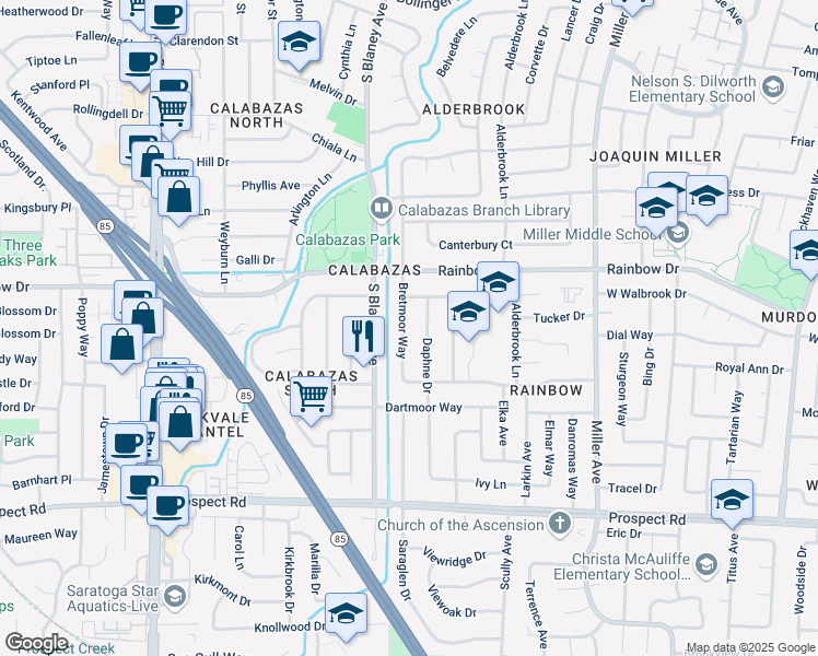 map of restaurants, bars, coffee shops, grocery stores, and more near 1352 Bretmoor Way in San Jose