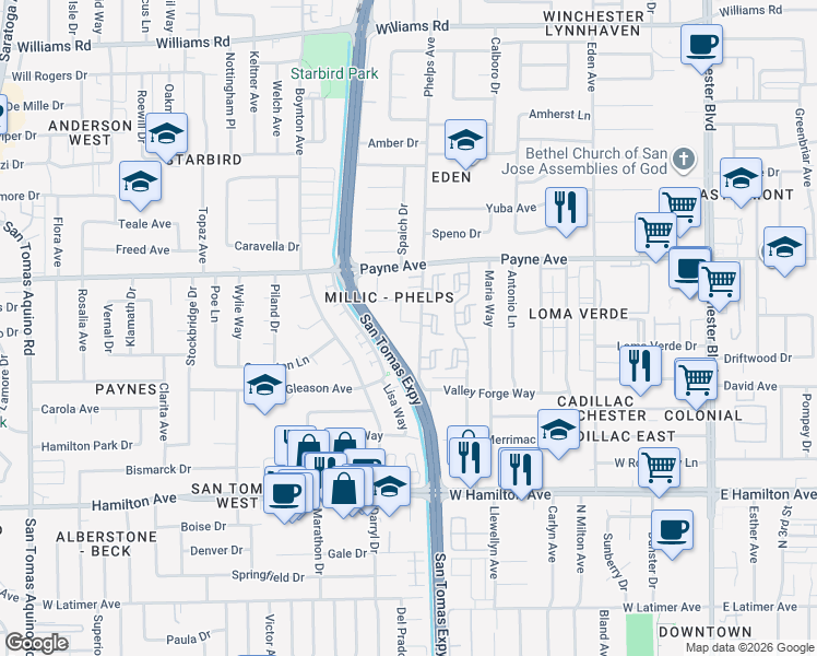 map of restaurants, bars, coffee shops, grocery stores, and more near 1369 Phelps Avenue in San Jose