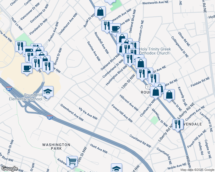 map of restaurants, bars, coffee shops, grocery stores, and more near 2613 Huntington Boulevard Northwest in Roanoke