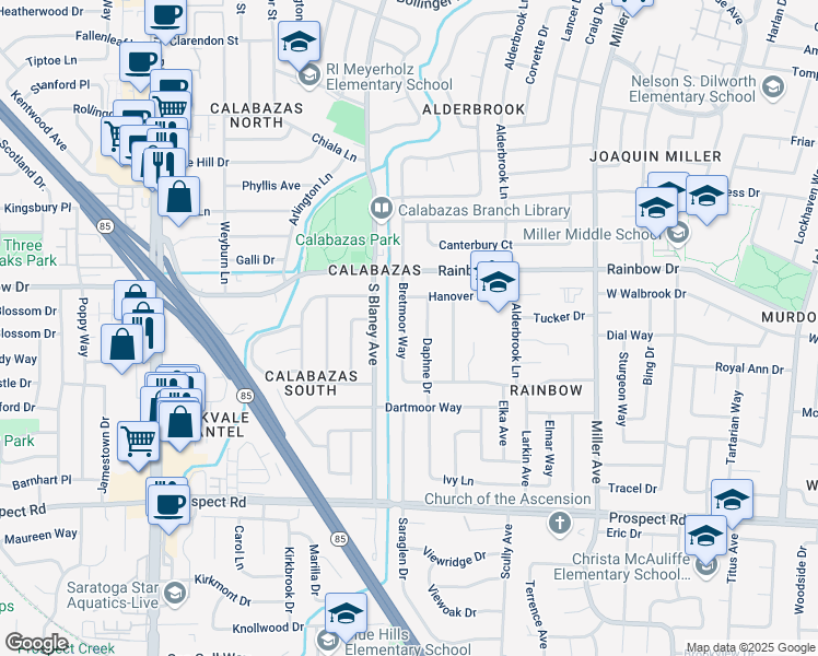 map of restaurants, bars, coffee shops, grocery stores, and more near 1352 Bretmoor Way in San Jose