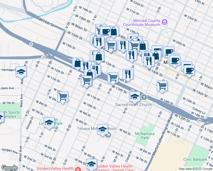 map of restaurants, bars, coffee shops, grocery stores, and more near 926 West 13th Street in Merced