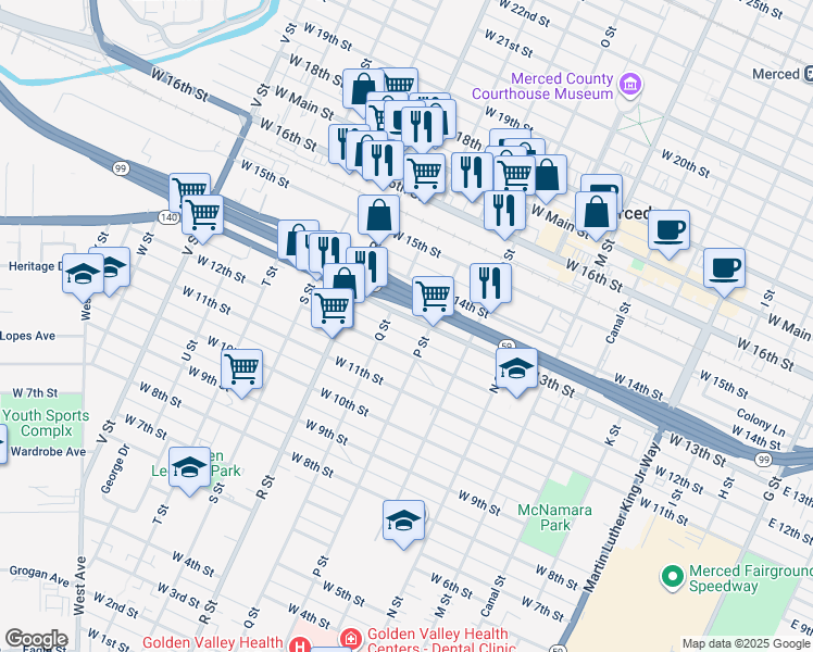 map of restaurants, bars, coffee shops, grocery stores, and more near 955 West 12th Street in Merced