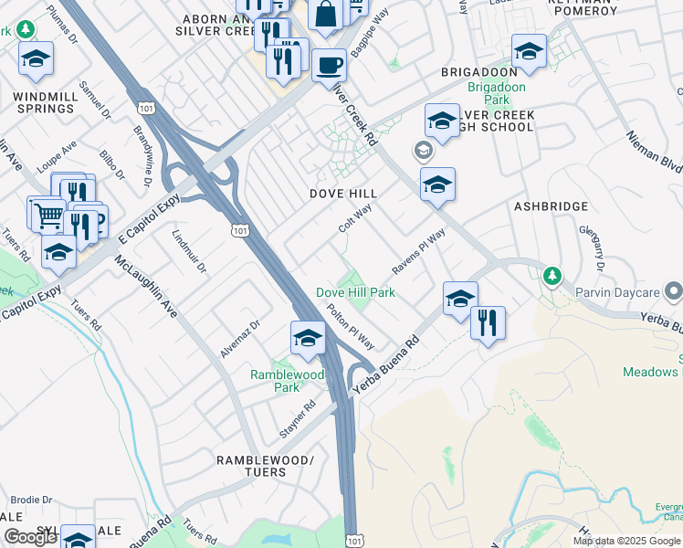 map of restaurants, bars, coffee shops, grocery stores, and more near 3692 Cedar Knoll Court in San Jose