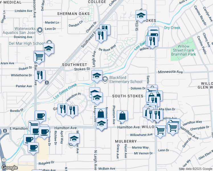 map of restaurants, bars, coffee shops, grocery stores, and more near 1467 Norman Avenue in San Jose