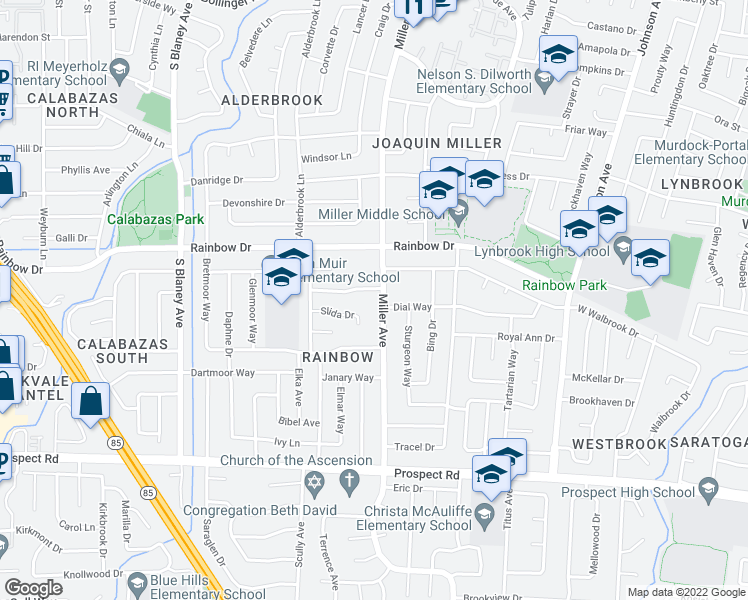 map of restaurants, bars, coffee shops, grocery stores, and more near 6355 Slida Drive in San Jose