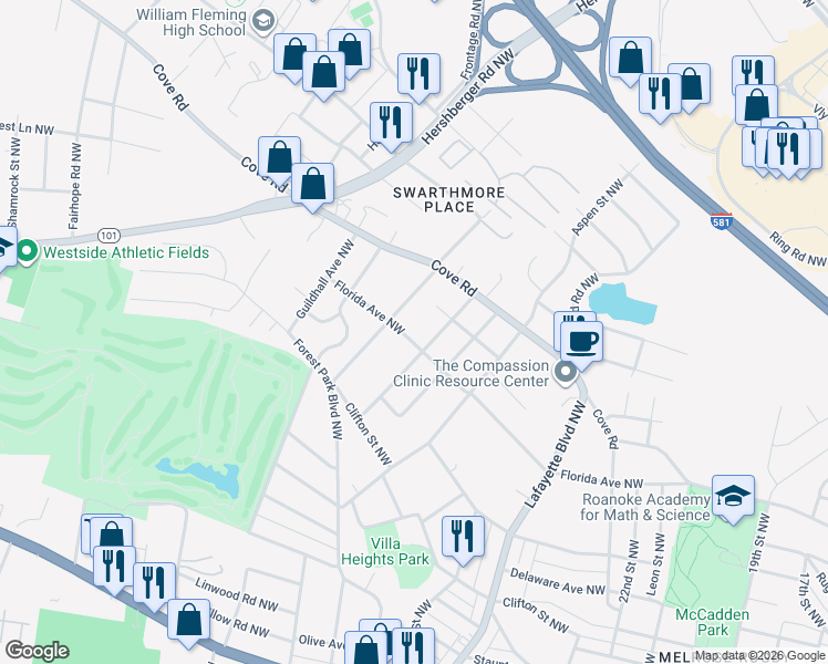 map of restaurants, bars, coffee shops, grocery stores, and more near 2903 Florida Avenue Northwest in Roanoke
