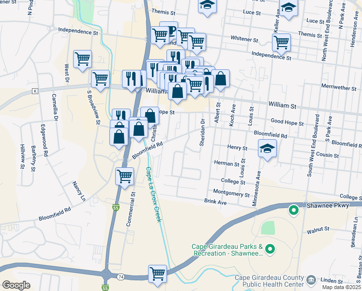 map of restaurants, bars, coffee shops, grocery stores, and more near 424 South Spring Street in Cape Girardeau