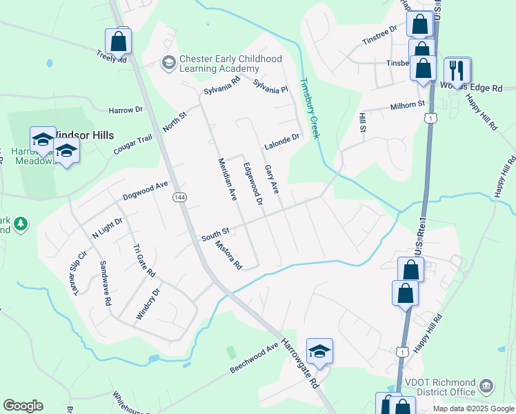 map of restaurants, bars, coffee shops, grocery stores, and more near 16010 Edgewood Drive in Chester