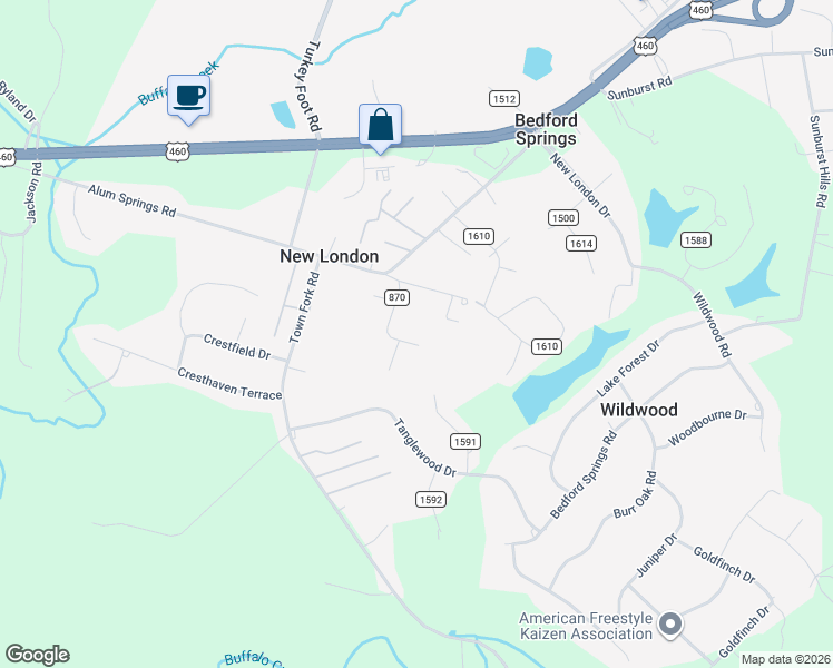 map of restaurants, bars, coffee shops, grocery stores, and more near 54 County Road 870 in Lynchburg