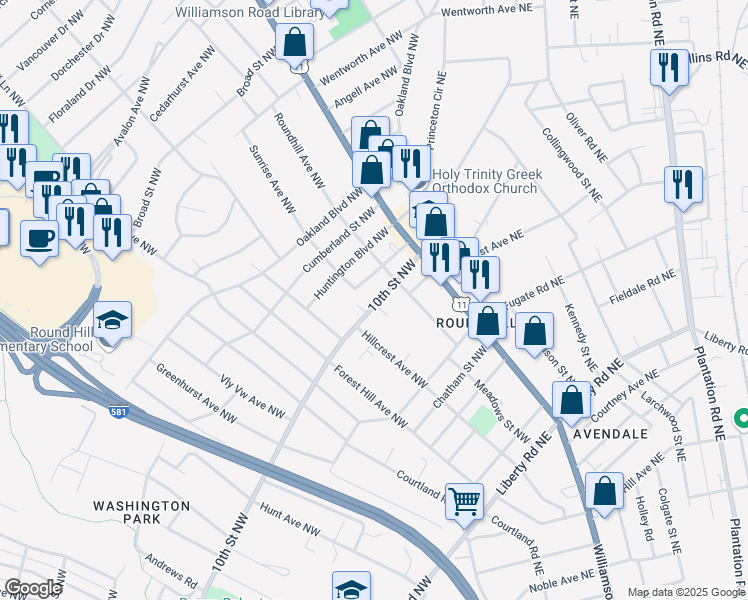 map of restaurants, bars, coffee shops, grocery stores, and more near 2806 10th Street Northwest in Roanoke