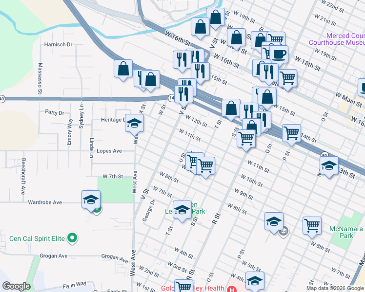 map of restaurants, bars, coffee shops, grocery stores, and more near 1413 West 10th Street in Merced
