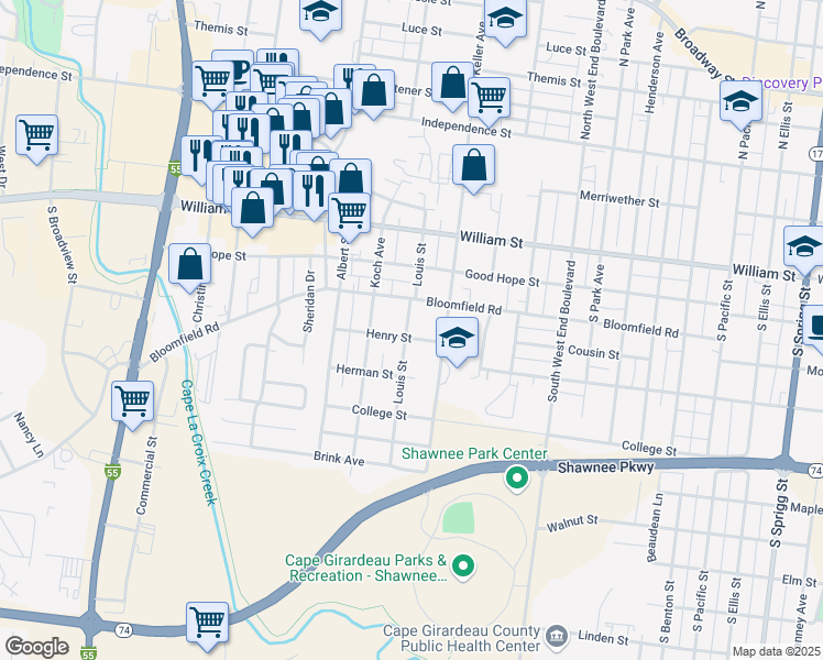 map of restaurants, bars, coffee shops, grocery stores, and more near 420 Louis Street in Cape Girardeau