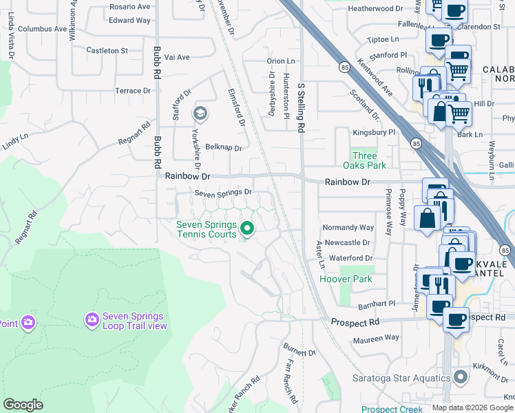 map of restaurants, bars, coffee shops, grocery stores, and more near 11603 Bridge Park Court in Cupertino