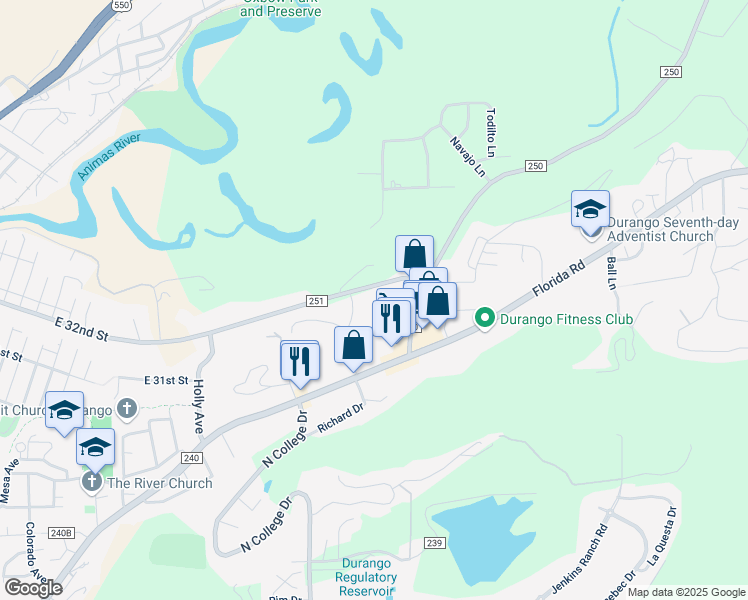 map of restaurants, bars, coffee shops, grocery stores, and more near 3190 East Animas Village Drive in Durango