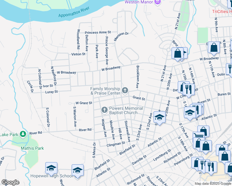 map of restaurants, bars, coffee shops, grocery stores, and more near 109 Oakwood Avenue in Hopewell