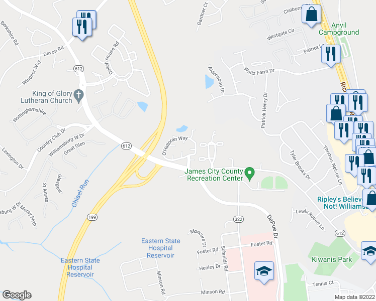 map of restaurants, bars, coffee shops, grocery stores, and more near 5111 Greenwich Mews in Williamsburg