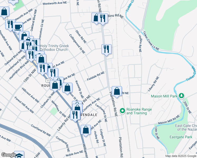 map of restaurants, bars, coffee shops, grocery stores, and more near 2716 Fairfield Drive Northeast in Roanoke