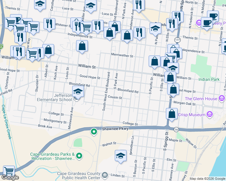 map of restaurants, bars, coffee shops, grocery stores, and more near 1310 Cousin Street in Cape Girardeau