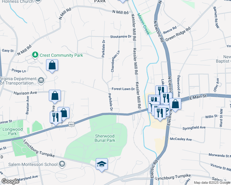 map of restaurants, bars, coffee shops, grocery stores, and more near 1320 Forest Lawn Drive in Salem
