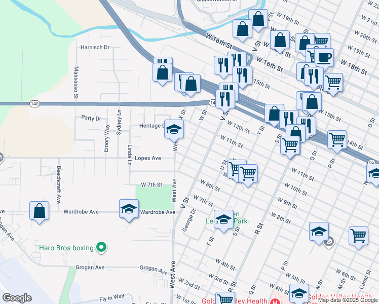 map of restaurants, bars, coffee shops, grocery stores, and more near 924 W Street in Merced