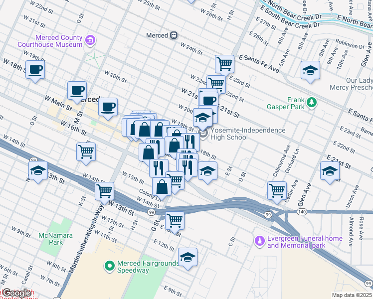 map of restaurants, bars, coffee shops, grocery stores, and more near 1720 G Street in Merced