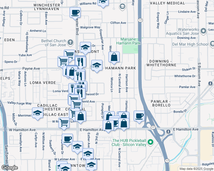 map of restaurants, bars, coffee shops, grocery stores, and more near 2944 Driftwood Drive in San Jose