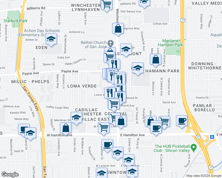 map of restaurants, bars, coffee shops, grocery stores, and more near 3139 Loma Verde Drive in San Jose