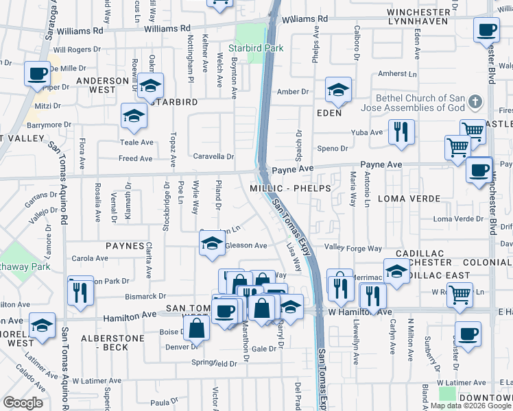 map of restaurants, bars, coffee shops, grocery stores, and more near 3615 Compton Lane in San Jose