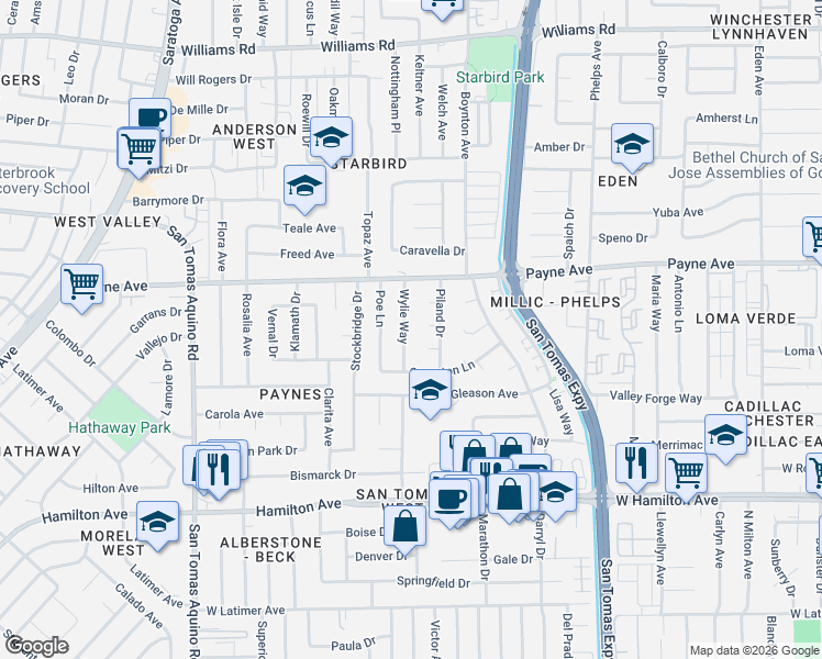 map of restaurants, bars, coffee shops, grocery stores, and more near 3737 Shaynor Court in San Jose