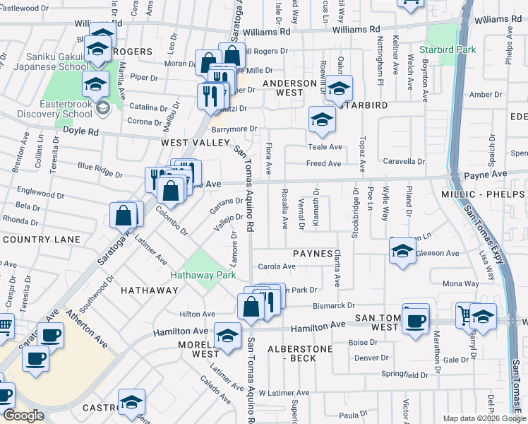 map of restaurants, bars, coffee shops, grocery stores, and more near 1386 Flora Avenue in San Jose