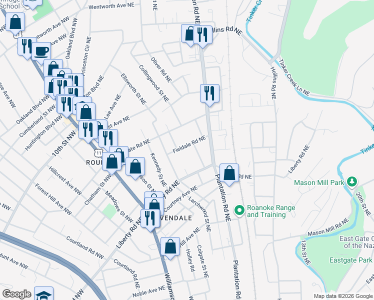 map of restaurants, bars, coffee shops, grocery stores, and more near 319 Fieldale Road Northeast in Roanoke