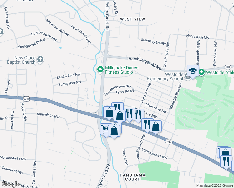 map of restaurants, bars, coffee shops, grocery stores, and more near 4219 Vermont Ave NW in Roanoke