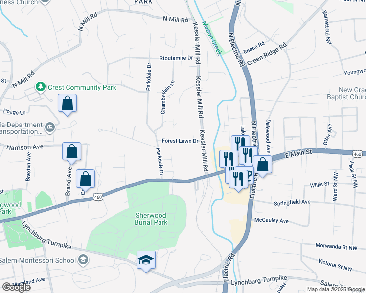 map of restaurants, bars, coffee shops, grocery stores, and more near 1300 Forest Lawn Drive in Salem